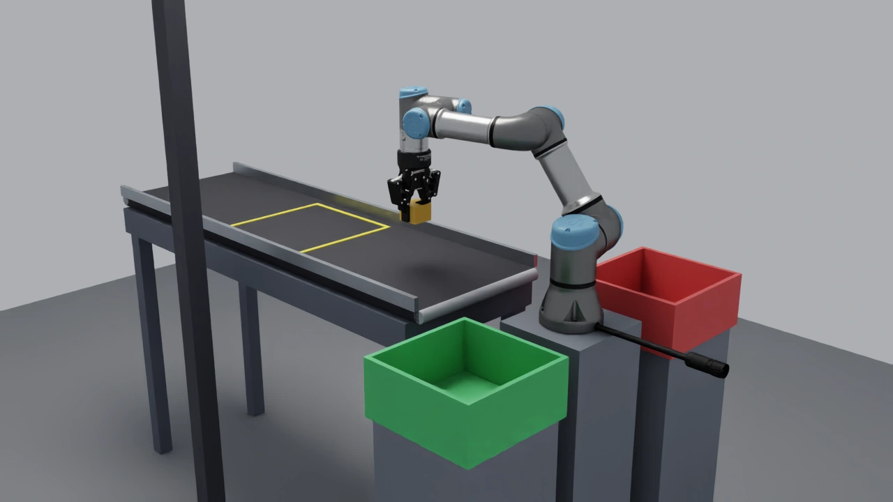 Defect-marked block travels along the conveyor, is physically grasped and released into the red REJECT bin.