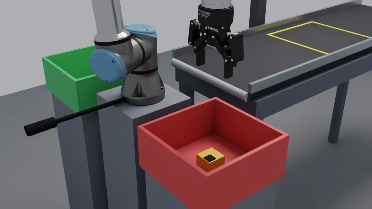Yellow block resting in the red REJECT bin after release.