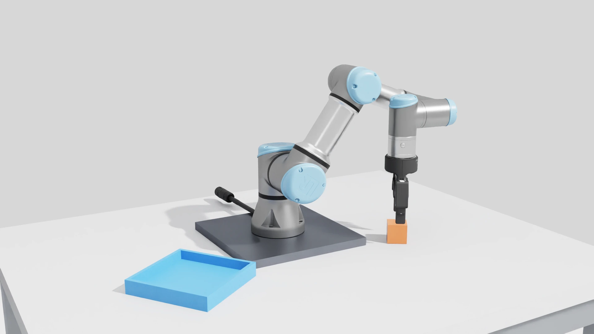 UR3e pick-and-place: Joint drives bring the open gripper to the cube.